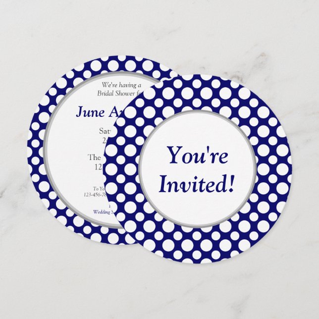 Fête des mariées Pois blancs sur Blue Invitation (Devant / Derrière)