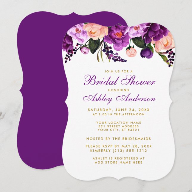 Fête des mariées Purple Gold Floral Invitation BP (Devant / Derrière)