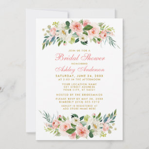 Fête des mariées Rose Blanc Floral Gold Invitation