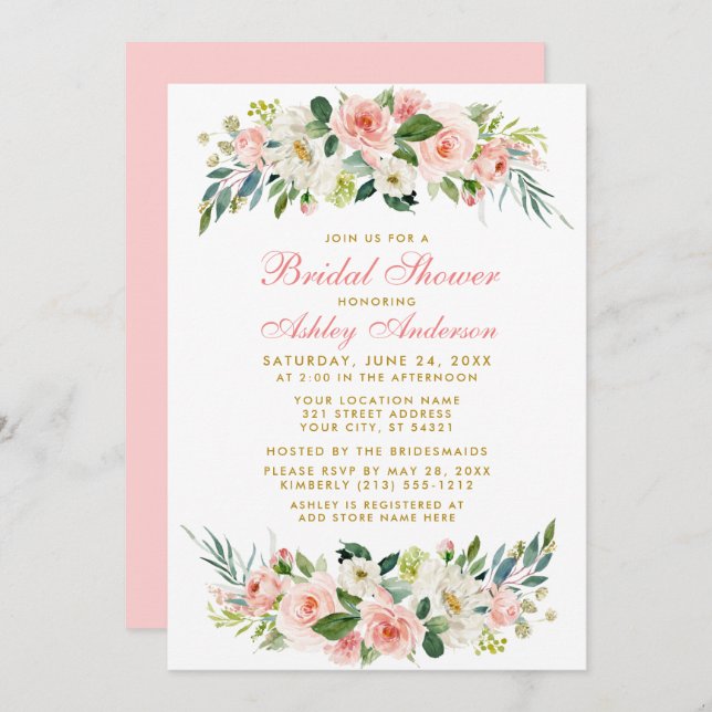 Fête des mariées Rose Blanc Floral Gold Invitation (Devant / Derrière)