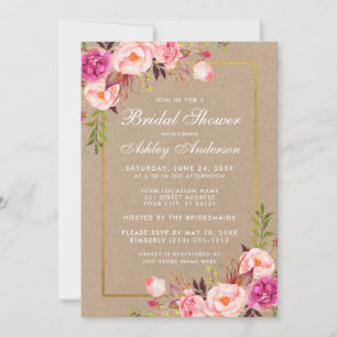 Fête des mariées Rose Floral Or Kraft Invitation