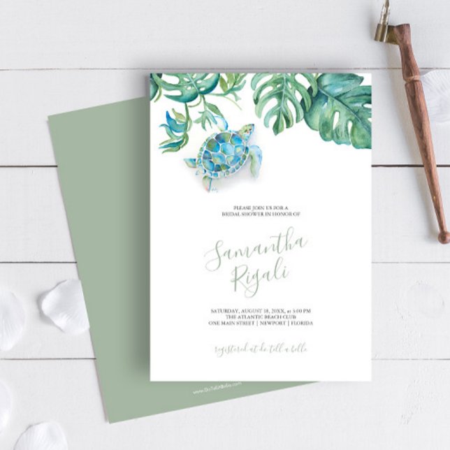 Fête des mariées tropicale Invitations personnalis (Tropical Bridal Shower Invitation Sea Turtle watercolor sea turtle, palm leaves Victoria Grigaliunas)
