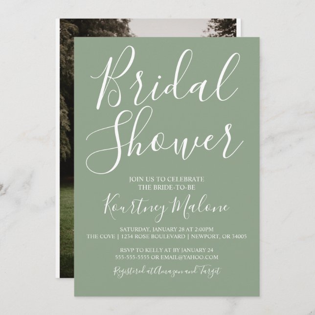 Fête des mariées verte d'olive Invitation photo (Devant / Derrière)