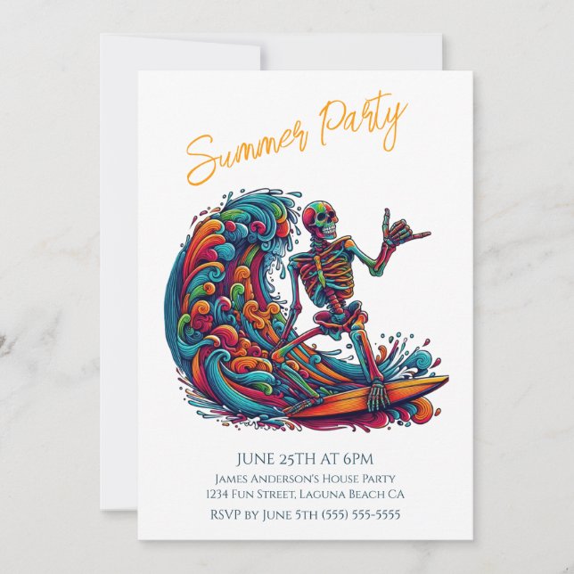 Fête d'été - Colorée Squelette Invitation Surfer (Devant)
