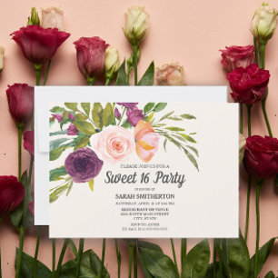 Fête Douce 16 Florale Aquarelle Rose Foncé Violet