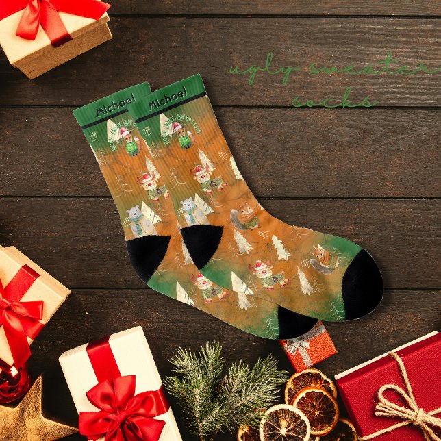 Fête Doux moche mignonne Animaux Orange Vert (Ugly Sweater Party cute Animals Orange Green Socks)