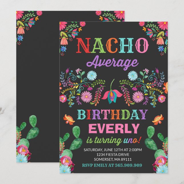 Fête du 1er Anniversaire Invitation Nacho Fête Moy (Devant / Derrière)