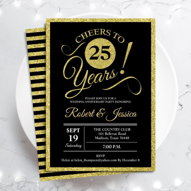 Fête du 25e anniversaire - Gold Black Invitation (Créateur téléchargé)