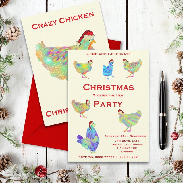 Fête du Coq et de la Poule de Noël (Rooster and hen themed christmas party invitation with cute colorful chickens wearing Santa hats)