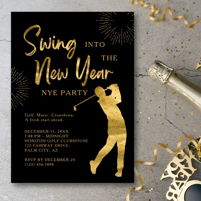 Fête du Nouvel An de golf Thème Golf Noir et Or (Stylish NYE invite for golf-themed parties.)