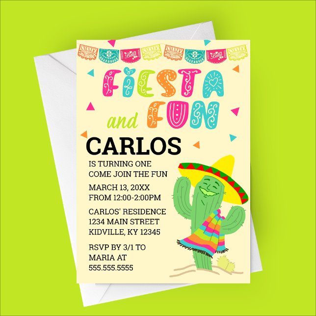 Fête et Amusement Anniversaire Invitation (Fiesta and Fun | Cute Cactus Cartoon Character | Summer Birthday Party Invitation)