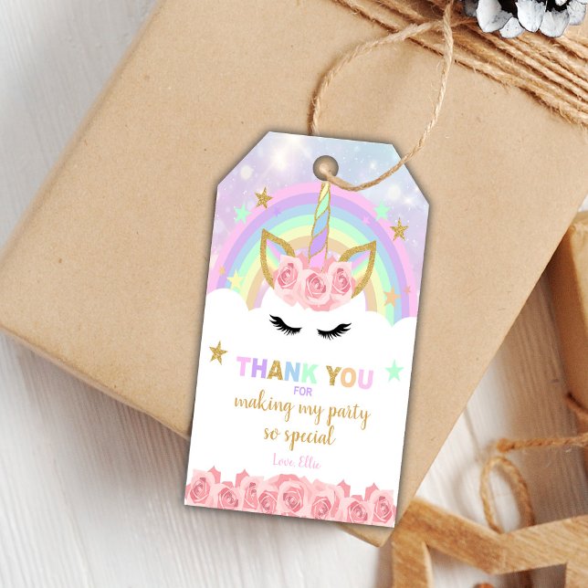 Fête florale modifiable Favoriser les Étiquettes (Pink Rose Unicorn Birthday Gift Tags)