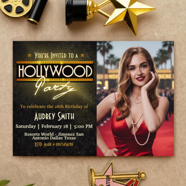 Fête Hollywood avec invitation d'anniversaire phot (Hollywood Party with Picture Birthday Invitation)
