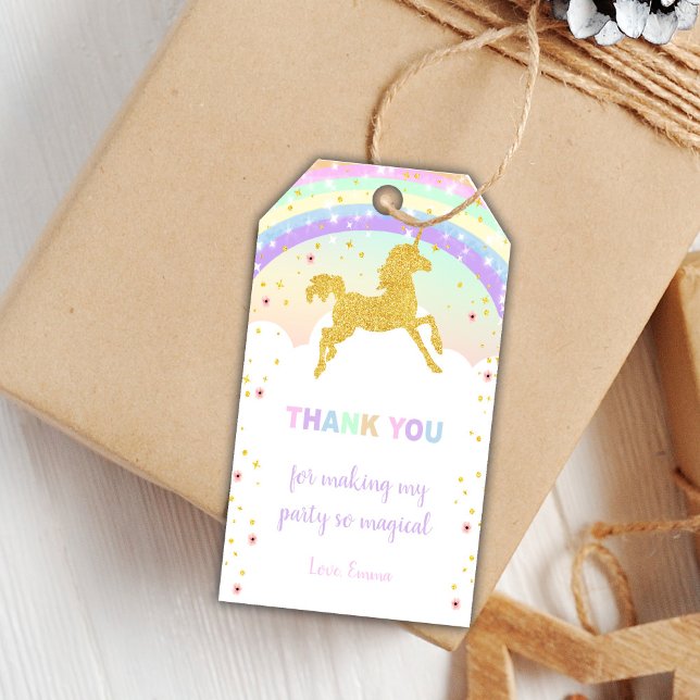 Fête magique modifiable Favoriser les Étiquettes (Golden Glitter Unicorn Birthday Tags)