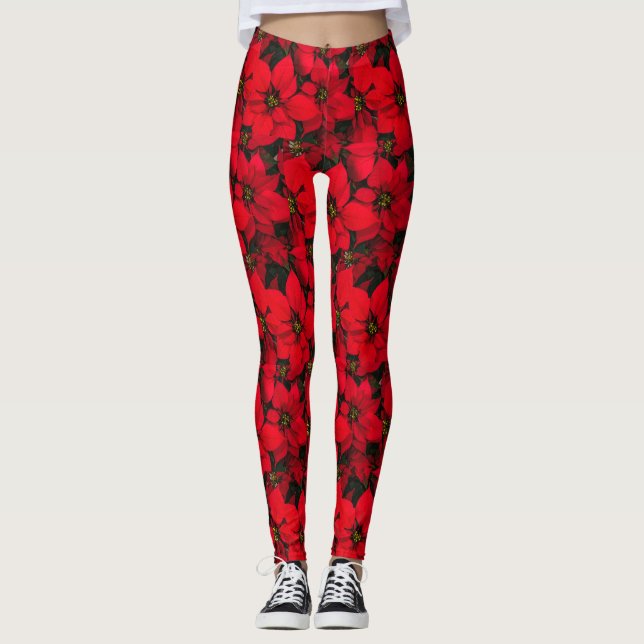 Fête Noël Fleur Rouge Poinsettia Leggings (Devant)