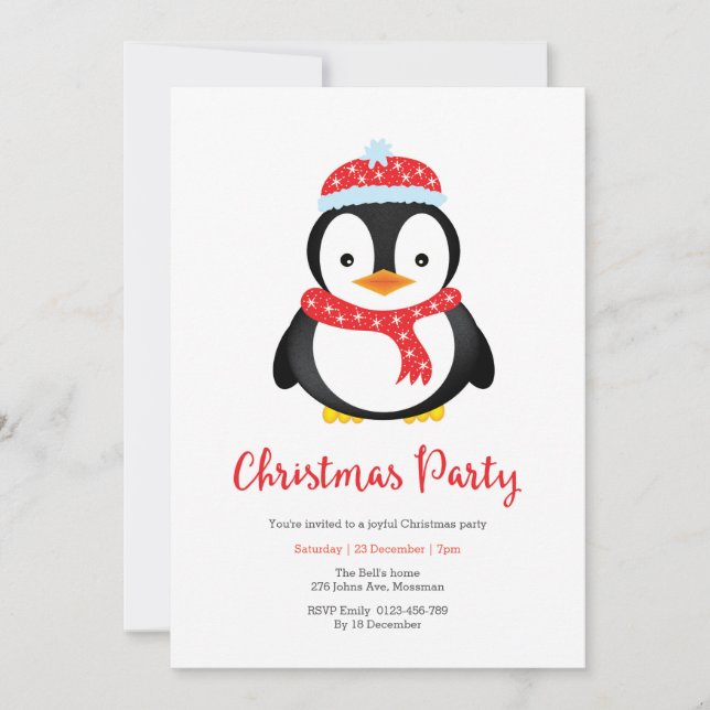 Fête Noël Invitation | Pingouin mignon (Devant)
