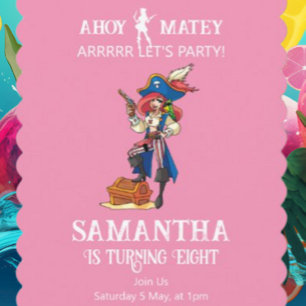 Fête Pirate Anniversaire Pink Girl Invitation