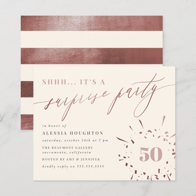 Fête Surprise de Budget Crème & Rose Gold Script (Devant / Derrière)