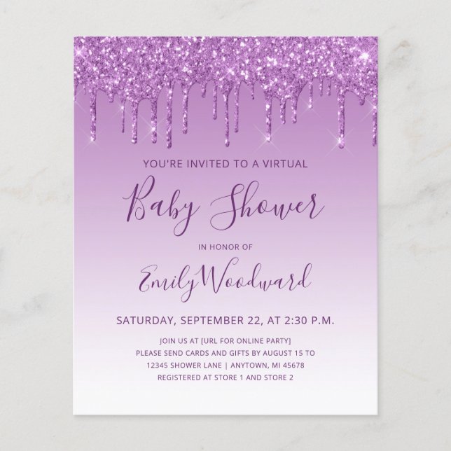 Fête Virtuelle de Bébé Paillettes Violettes Budget (Devant)