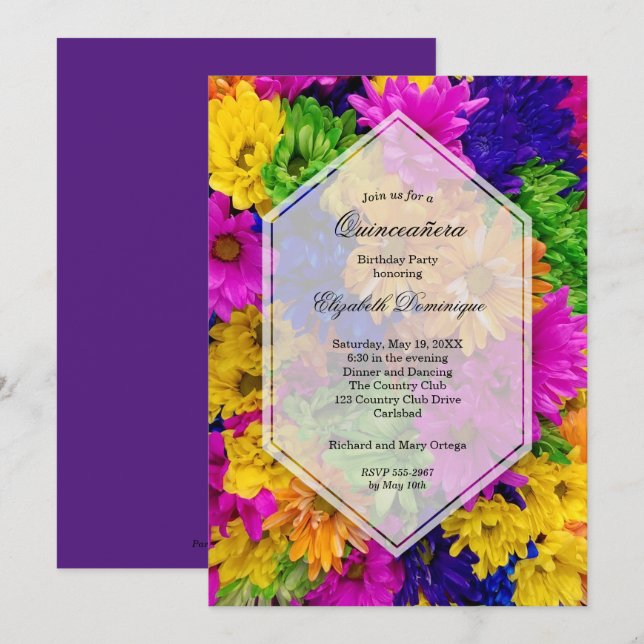 Fêtes colorées Quinceañera Invitations d'anniversa (Devant / Derrière)