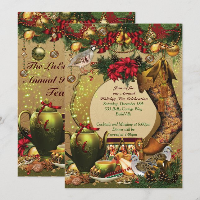 Fêtes Noël Tea Party Invitations (Devant / Derrière)