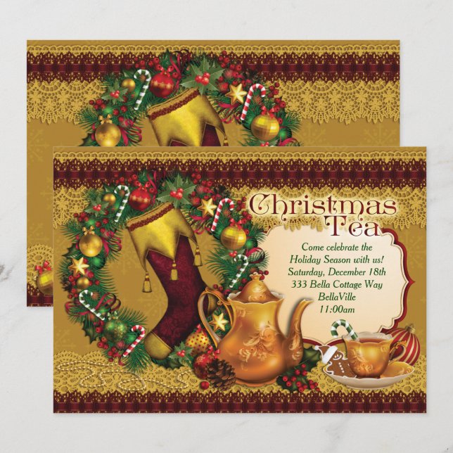 Fêtes Noël Tea Party Invitations (Devant / Derrière)