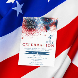 Feu d'artifice bleu et rouge 4 juillet invitations