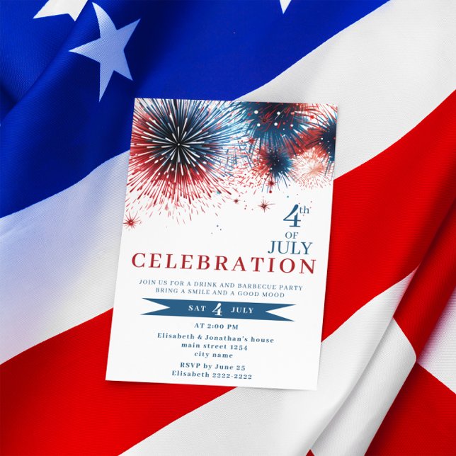 Feu d'artifice bleu et rouge 4 juillet invitations (Créateur téléchargé)