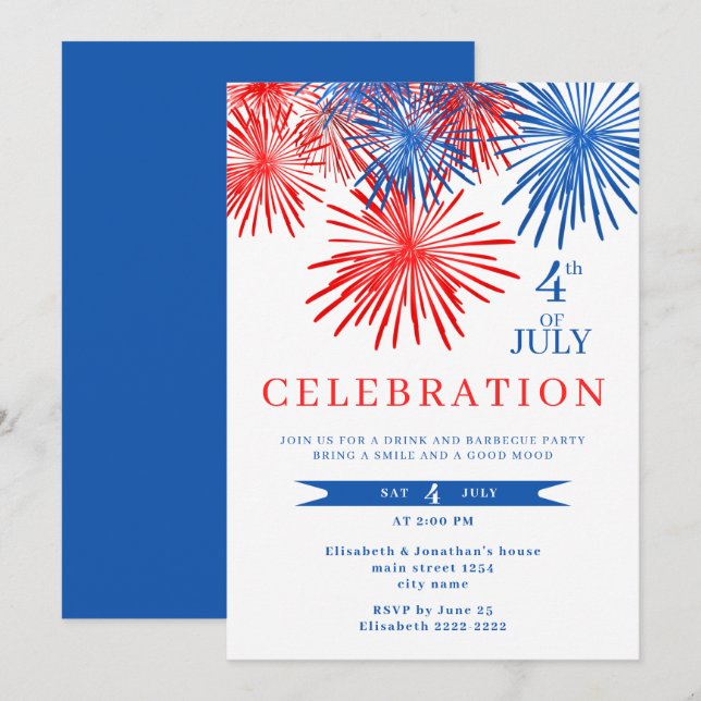 Feu Rouge Et Bleu 4 juillet Invitations (Devant / Derrière)