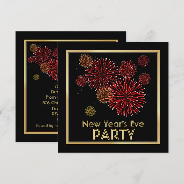 Feu Rouge et Or Nouvel An Invitations Fête (Devant / Derrière)
