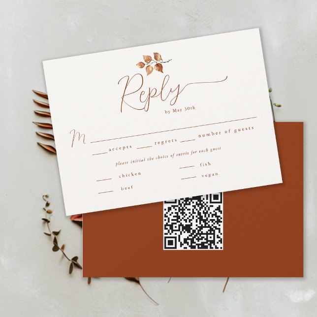 Feuillage d'automne Terracotta Mariage de automne  (Autumn Foliage Fall Wedding RSVP Card Meal Choice QR Code Terracotta Calligraphy Modern Elegant)