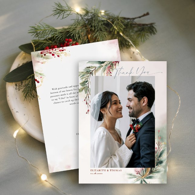 Feuillage d'hiver Rouge Noël Chic Photo Merci (winter christmas wedding bridal shower thank you card greenery botanical berries red green romantic)
