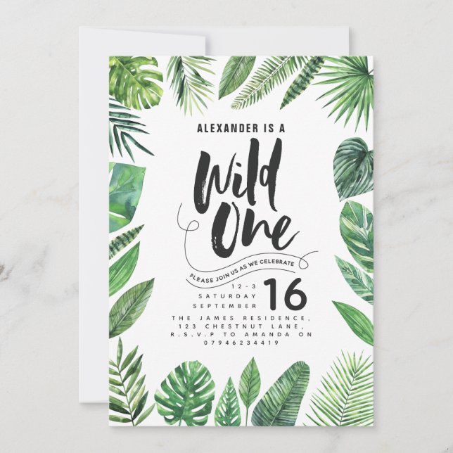 Feuillage tropical + texte de script sauvage un an (Devant)