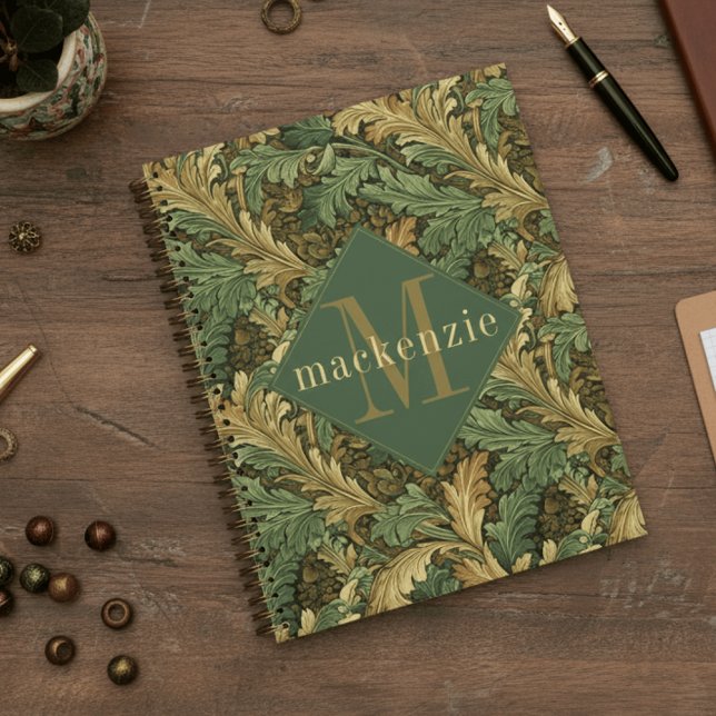 Feuillage Vert Brun Tan Monogramme Élégant William (Créateur téléchargé)