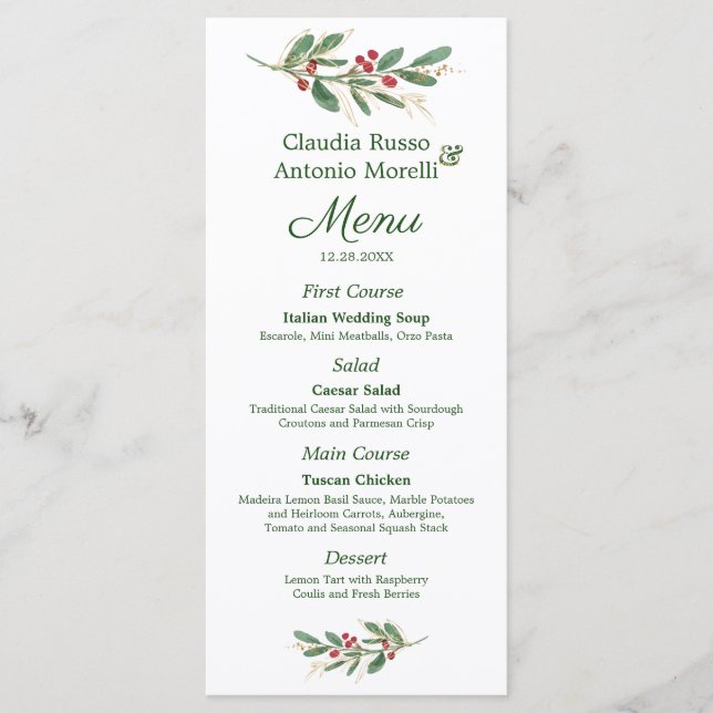 Feuillage vert Rouge Berry Mariage Menu Noël (Devant)