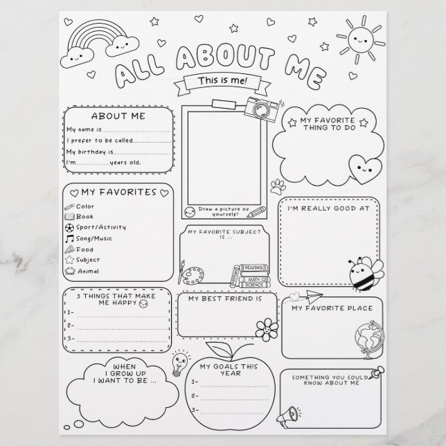 Feuille d'activité pour enfant Tout sur moi Retour (Devant)
