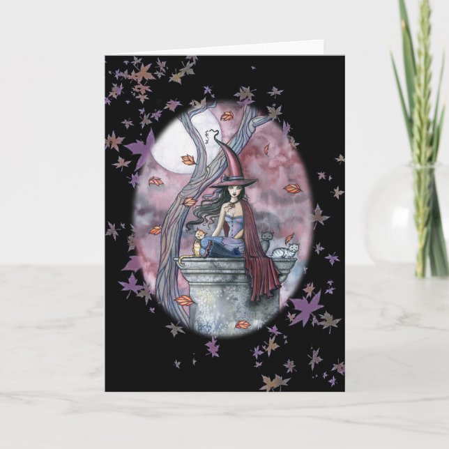 Feuille d'automne de carte de chat de sorcière de (Devant)