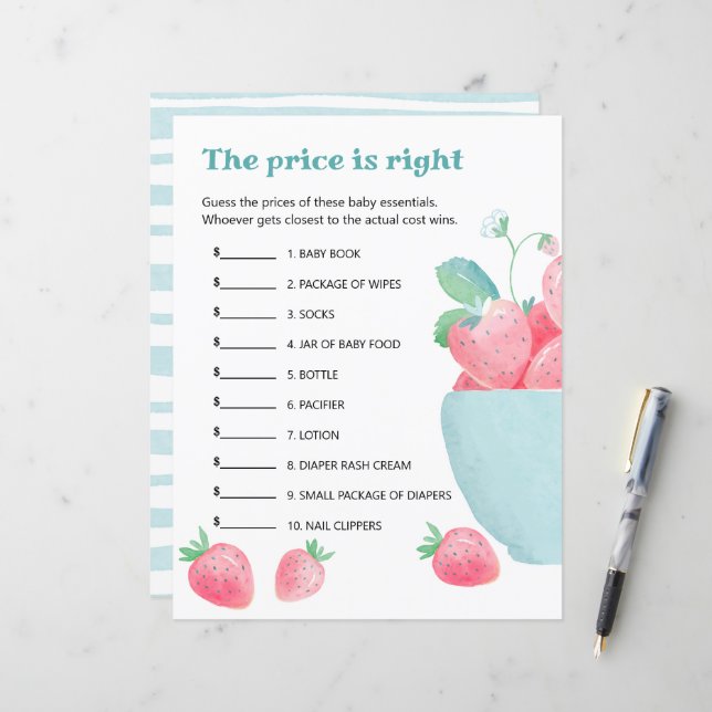 Feuille de baby shower jeu de fraises mignonnes. (Devant/Arrière en situation)