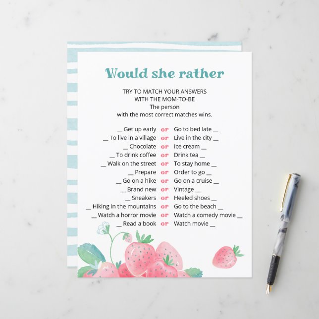 Feuille de baby shower jeu de fraises mignonnes. (Devant/Arrière en situation)