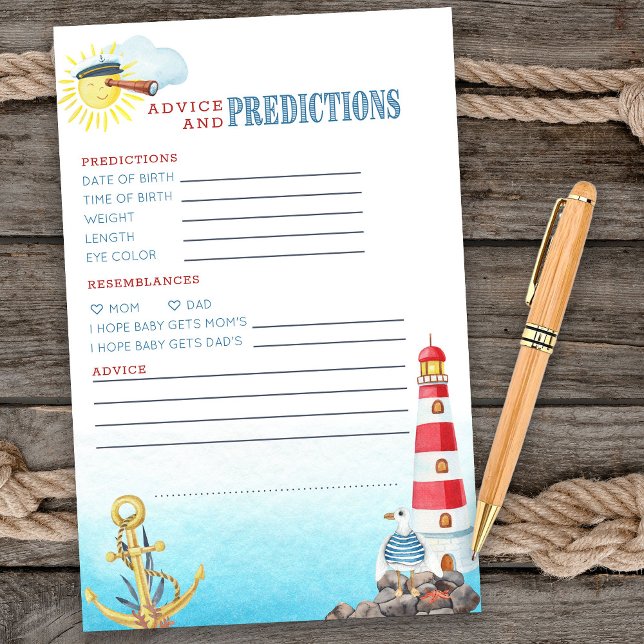 Feuille de conseils et de prédictions pour une bab (Advice & Predictions card from my Ahoy it's a boy Nautical Baby Shower collection)