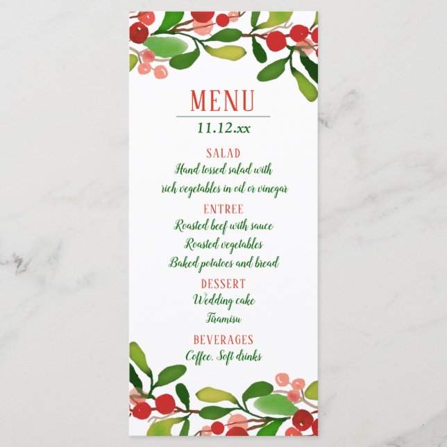 Feuille de houx Baie de Noël | Menu de mariage (Devant)