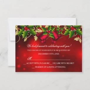 Feuille de houx et cloche RSVP fête de Noël rouge