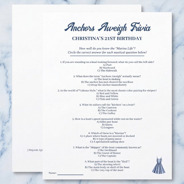 Feuille de jeu de quiz de marina nautique pour ann (Anchors Aweigh Trivia)