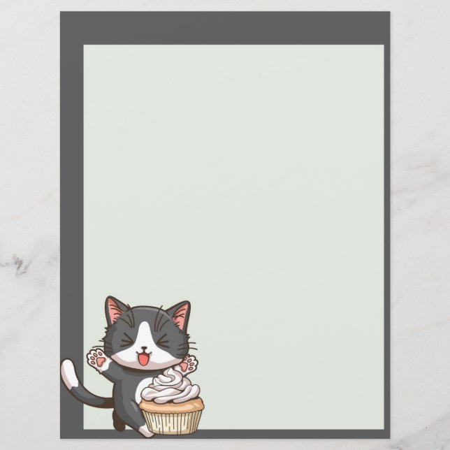 Feuille de papier avec chat gris mignon et cupcake (Devant)