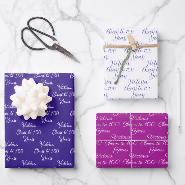 Feuille De Papier Cadeau 100 ans Purple Magenta 100e anniversaire (Recto)