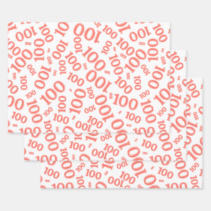 Feuille De Papier Cadeau 100e anniversaire Coral/blanc Motif de numéro aléa