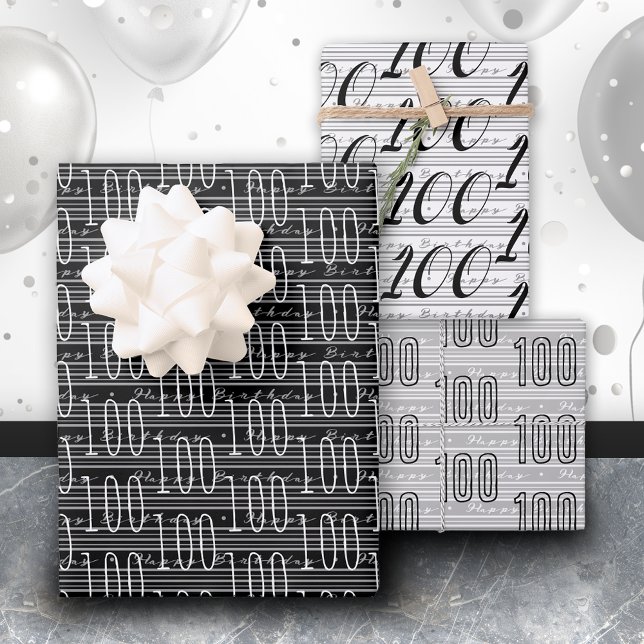Feuille De Papier Cadeau 100e anniversaire Noir blanc chiffres de typograph (Créateur téléchargé)