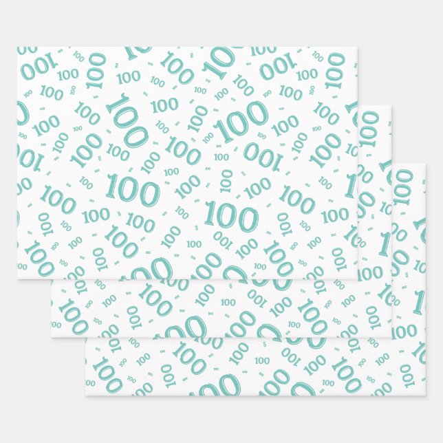 Feuille De Papier Cadeau 100e anniversaire Turquoise/blanc Motif de numéro  (Lot)