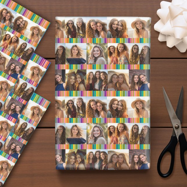 Feuille De Papier Cadeau 12 Instagram Photo Collage rayures d'anniversaire  (Custom Photo Wrapping Paper)