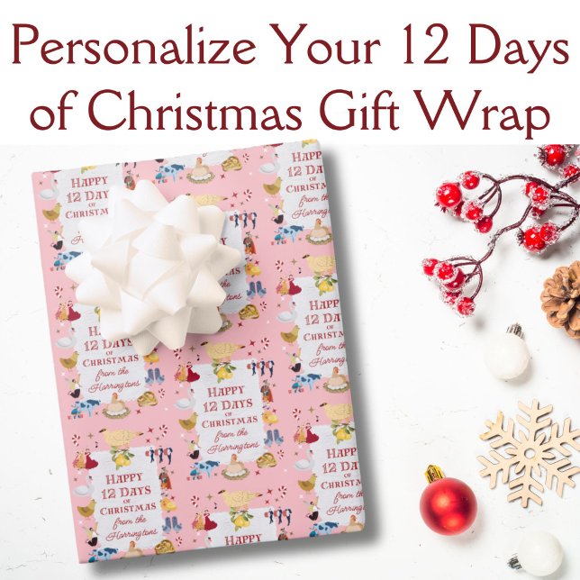 Feuille De Papier Cadeau 12 Jours de Noël Rose Pastel Personnalisé  (This cute pastel pink holiday gift wrap features images from "The 12 Days of Christmas.")